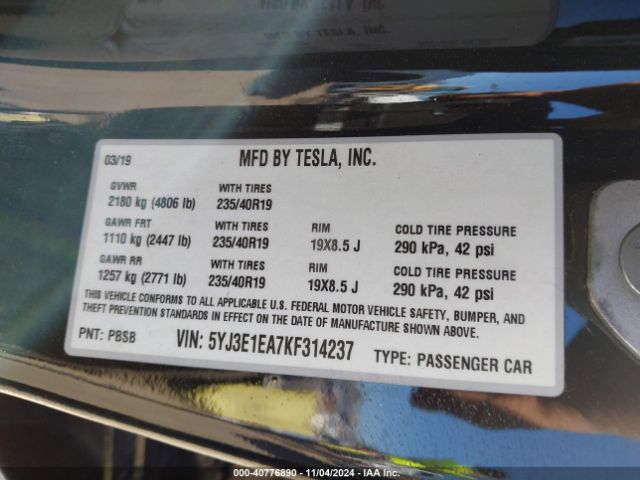 5YJ3E1EA7KF314237 Tesla Model 3 Long Range/mid Range/standard Range/standard Range Plus