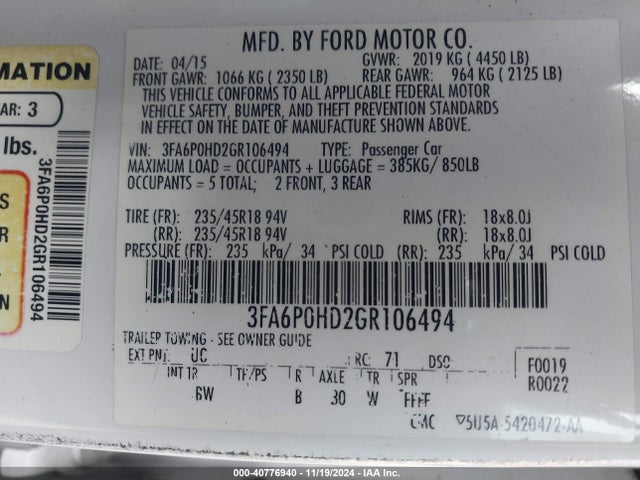 Ford FUSION SE 2016 3FA6P0HD2GR106494 Image 9