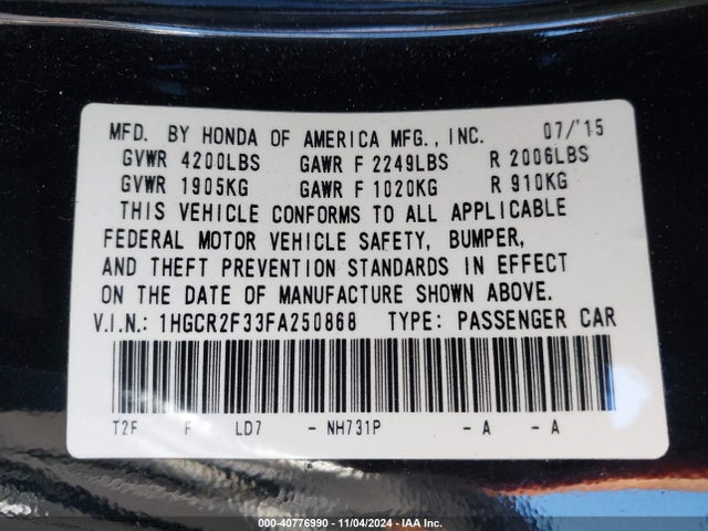 Honda ACCORD LX 2015 1HGCR2F33FA250868 Image 9