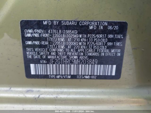 JF2GTHRC9MH203849 Subaru Crosstrek Sport