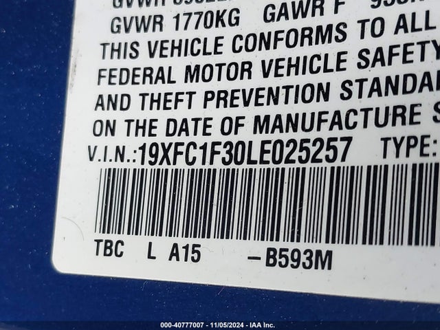 Honda CIVIC EX 2020 19XFC1F30LE025257 Image 9