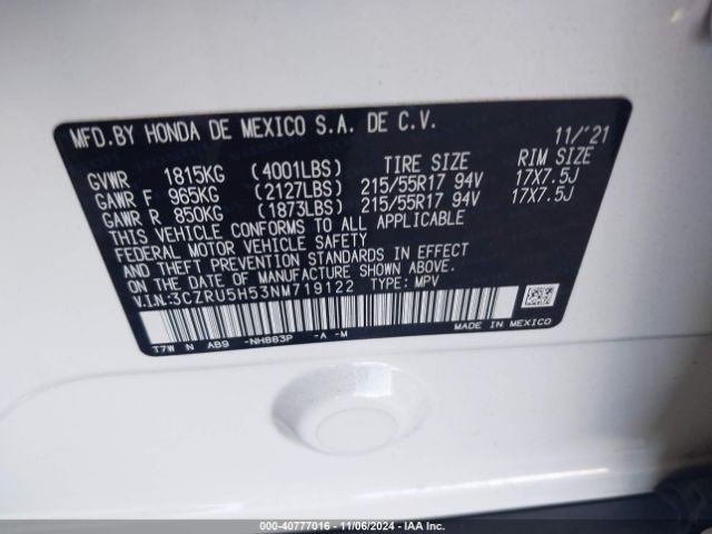 3CZRU5H53NM719122 Honda Hr-v 2wd Ex