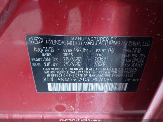 5NMS3CAD3KH026095 Hyundai Santa Fe Sel