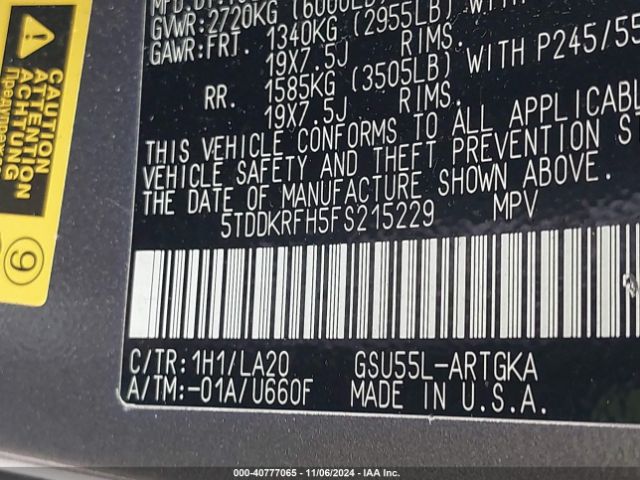 5TDDKRFH5FS215229 Toyota Highlander Limited Platinum V6