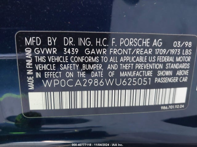 1998 PORSCHE BOXSTER WP0CA2986WU625051 Photo 8