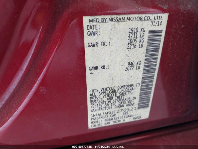 1N4AL3APXEC270521 Nissan Altima 2.5/2.5 S/2.5 Sl/2.5 Sv