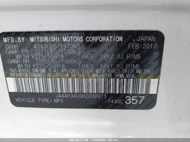 JA4AP3AU3HZ038973 Mitsubishi Outlander Sport 2.0 Le