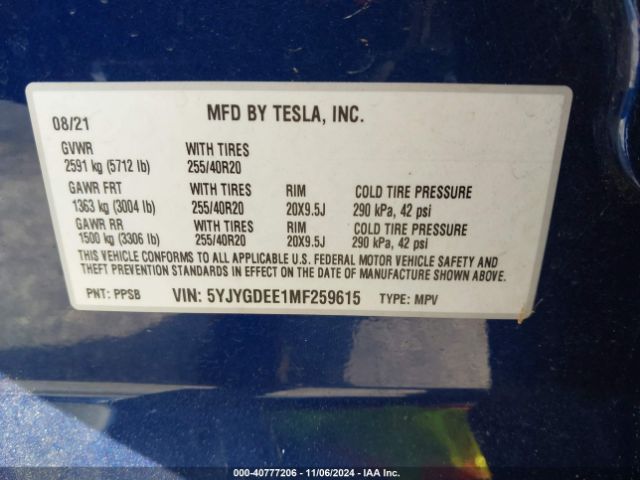 5YJYGDEE1MF259615 Tesla Model Y Long Range Dual Motor All-wheel Drive