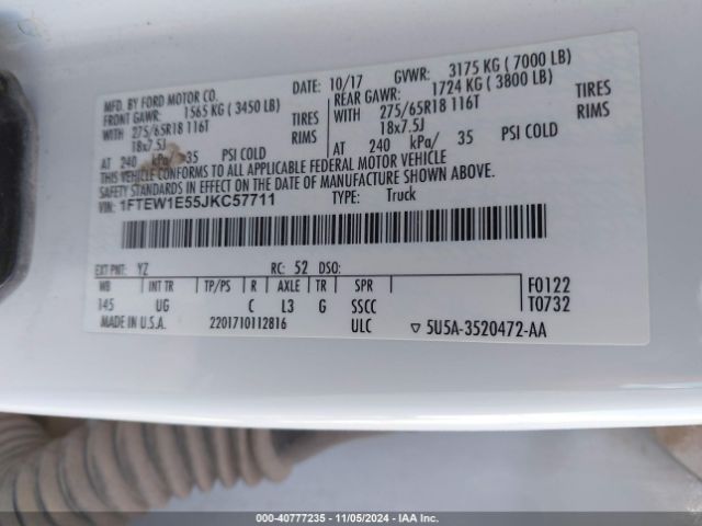 1FTEW1E55JKC57711 Ford F-150 Xlt