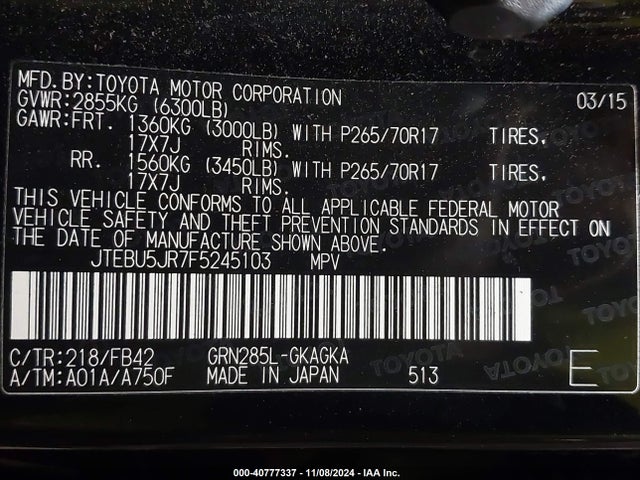 Toyota 4RUNNER SR5 2015 JTEBU5JR7F5245103 Image 9