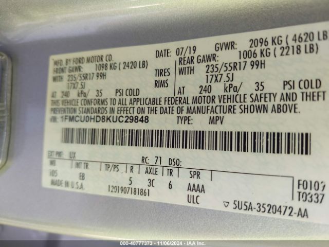 1FMCU0HD8KUC29848 Ford ESCAPE SEL