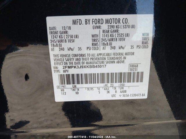Ford EDGE SEL 2019 2FMPK3J9XKBB45017 Image 9