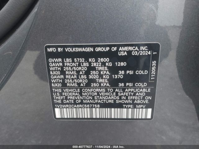 1V2WR2CA6RC567758 Volkswagen Atlas 2.0t Se W/technology