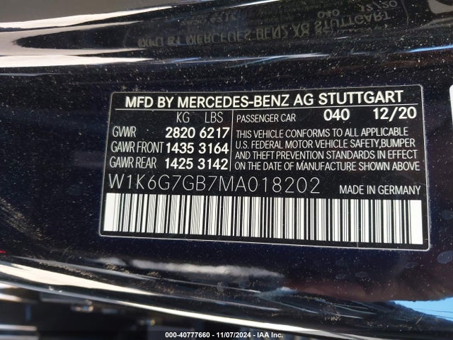 W1K6G7GB7MA018202 Mercedes-Benz S 580 4matic