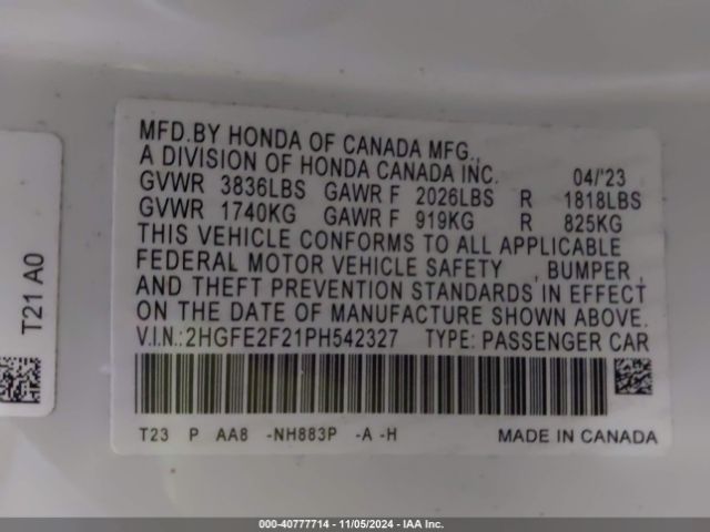 2HGFE2F21PH542327 Honda Civic Lx