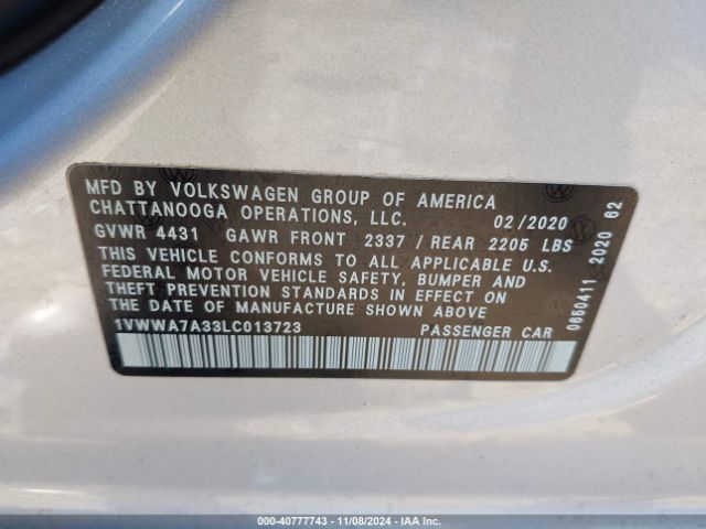 1VWWA7A33LC013723 Volkswagen Passat 2.0t Se