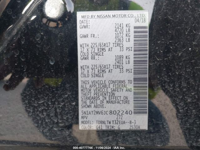 5N1AT2MV6JC802240 Nissan ROGUE SV