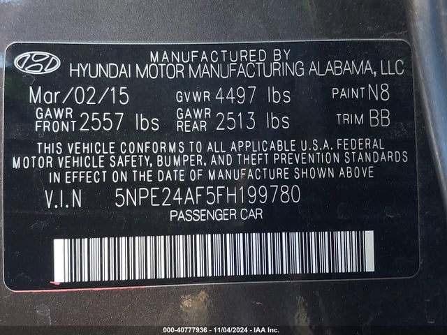 Hyundai SONATA SE 2015 5NPE24AF5FH199780 Image 9