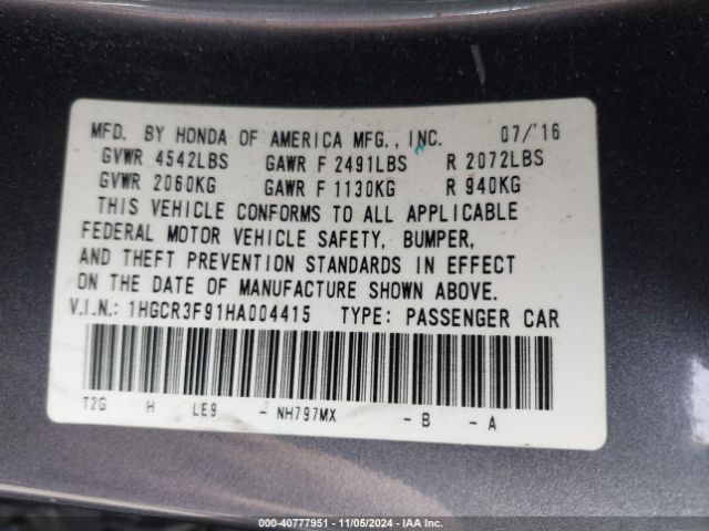 1HGCR3F91HA004415 Honda Accord Touring V6