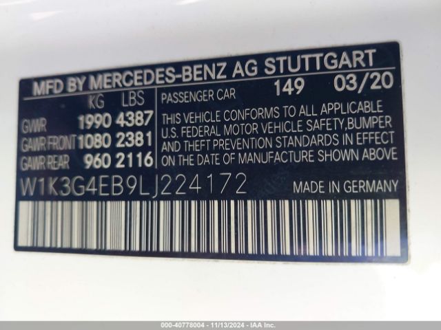 W1K3G4EB9LJ224172 Mercedes-Benz A 220