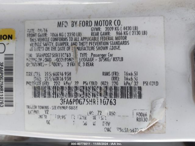 3FA6P0G75HR110763 Ford FUSION S