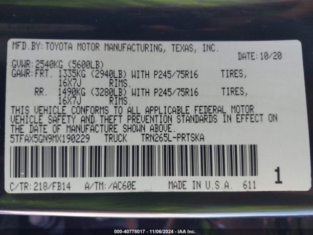 5TFAX5GN9MX190229 Toyota Tacoma Sr