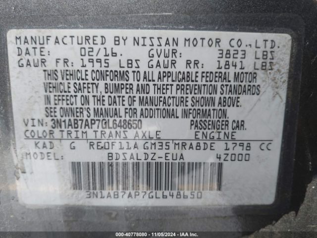 3N1AB7AP7GL648650 Nissan Sentra Fe+ S/s/sl/sr/sv
