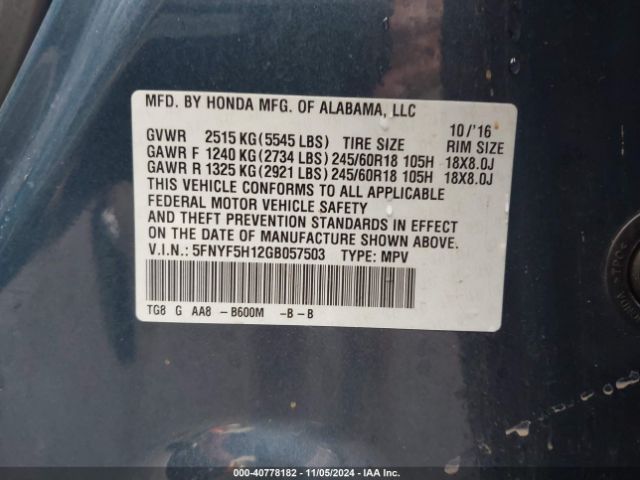 5FNYF5H12GB057503 Honda PILOT LX