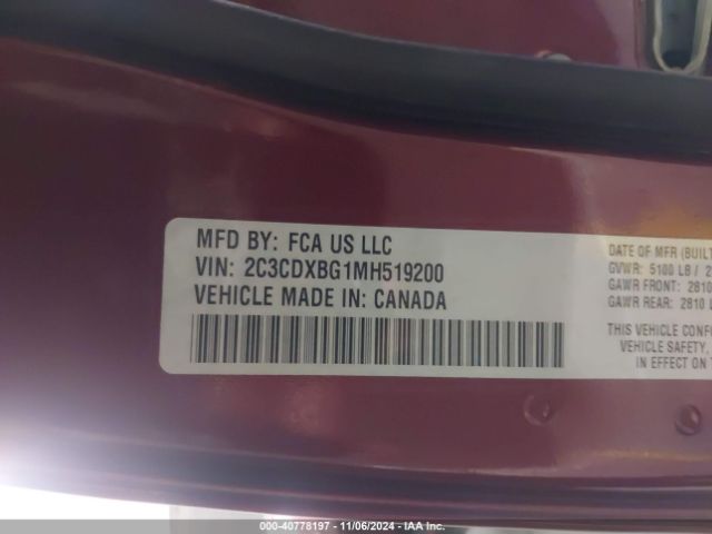 2C3CDXBG1MH519200 Dodge Charger Sxt Rwd