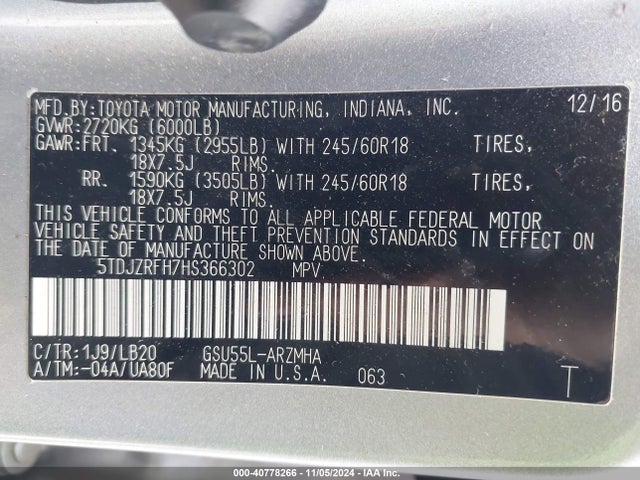 Toyota Highlander Xle 2017 5TDJZRFH7HS366302 Image 9