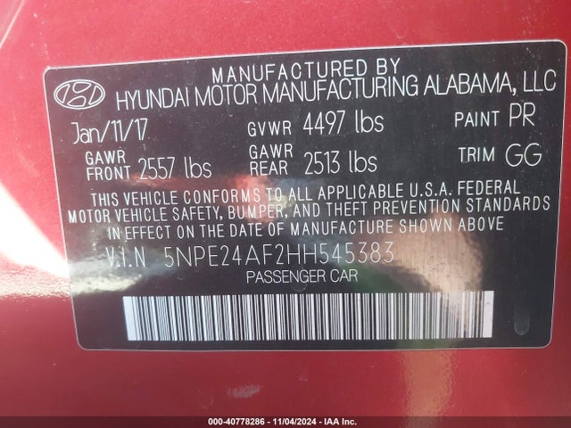 Hyundai Sonata 2017 5NPE24AF2HH545383 Image 9