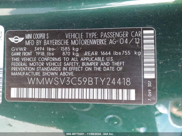 2011 MINI COOPER S WMWSV3C59BTY24418 Photo 8