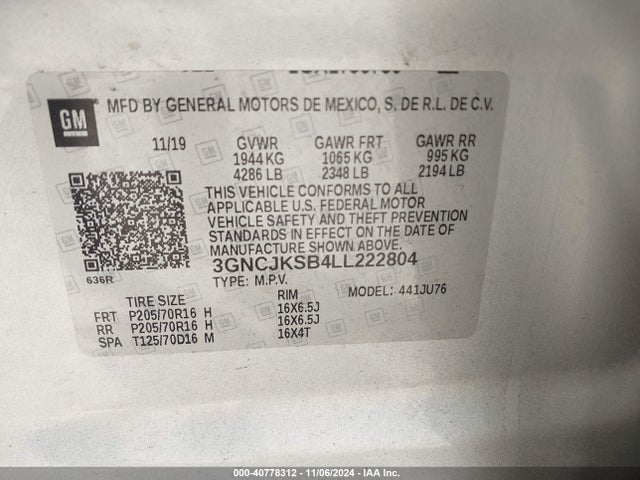 Chevrolet Trax Fwd Ls 2020 3GNCJKSB4LL222804 Image 9
