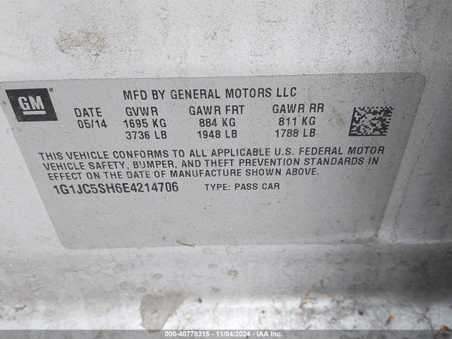 Chevrolet Sonic Lt Auto 2014 1G1JC5SH6E4214706 Image 9
