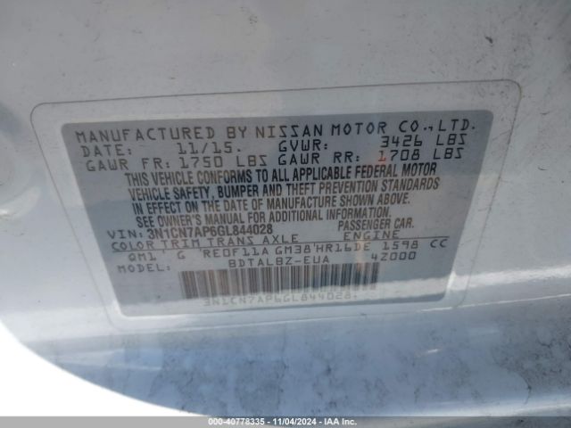 3N1CN7AP6GL844028 Nissan Versa 1.6 S/1.6 S+/1.6 Sl/1.6 Sv