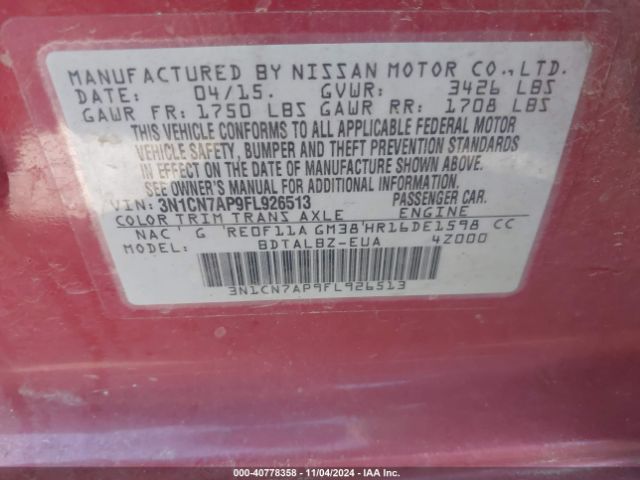 3N1CN7AP9FL926513 Nissan Versa 1.6 Sv