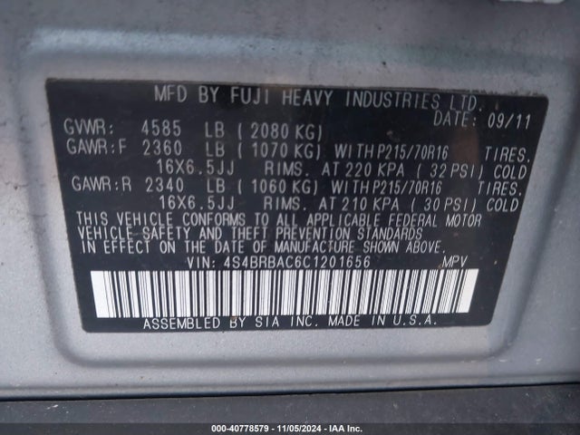 Aukcja sprzedaży 2012 Subaru Outback 2.5i, vin: 4S4BRBAC6C1201656, numer aukcji: 40778579