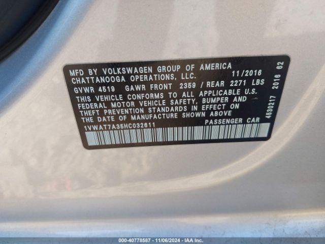 1VWAT7A35HC032611 Volkswagen Passat 1.8t S