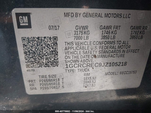 1GCRCREC9JZ105218 Chevrolet Silverado 1500 1lt