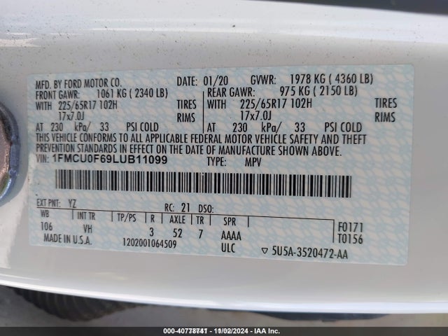 Ford ESCAPE S 2020 1FMCU0F69LUB11099 Image 9