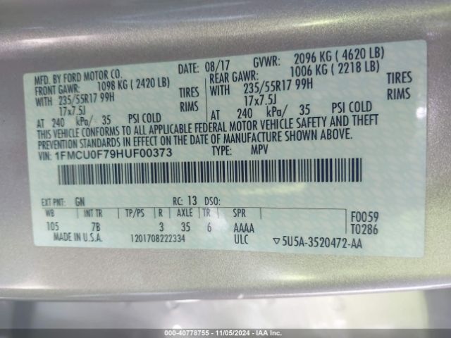 1FMCU0F79HUF00373 Ford ESCAPE S