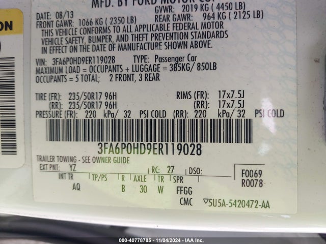 Ford FUSION SE 2014 3FA6P0HD9ER119028 Image 9