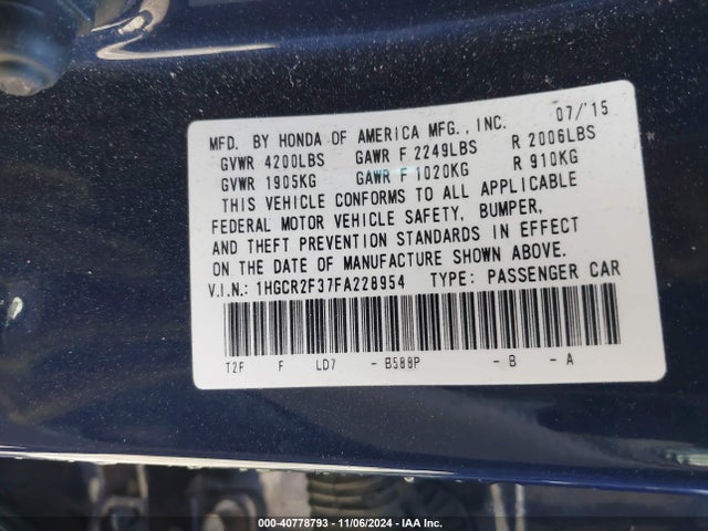 Honda ACCORD LX 2015 1HGCR2F37FA228954 Image 9