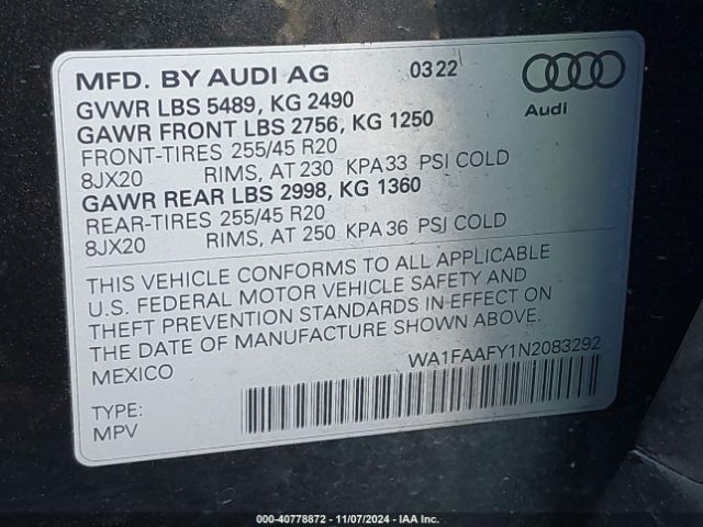 WA1FAAFY1N2083292 Audi Q5 Prestige 45 Tfsi S Line Quattro S Tronic