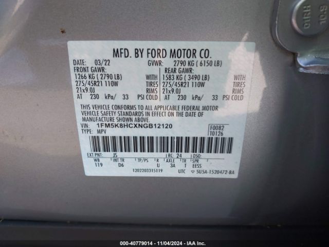 1FM5K8HCXNGB12120 Ford Explorer Platinum