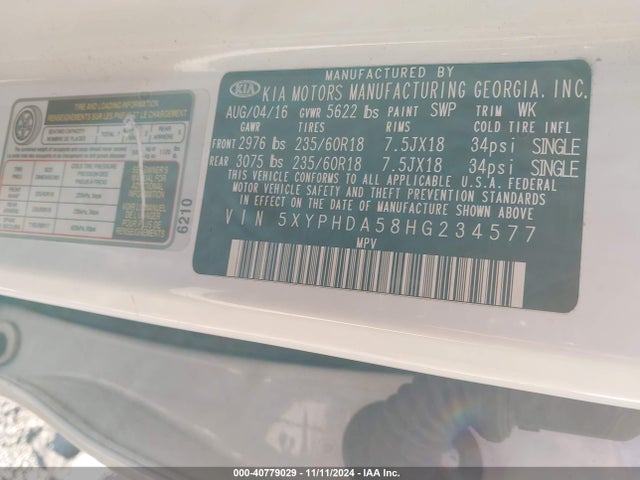 5XYPHDA58HG234577 KIA Sorento 3.3l Ex