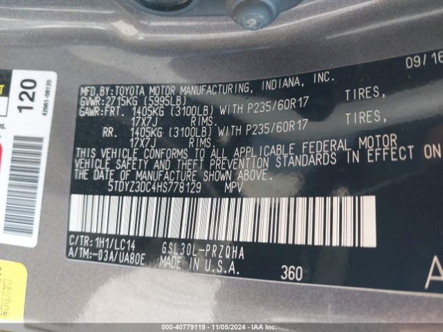 5TDYZ3DC4HS778129 Toyota Sienna Xle 8 Passenger