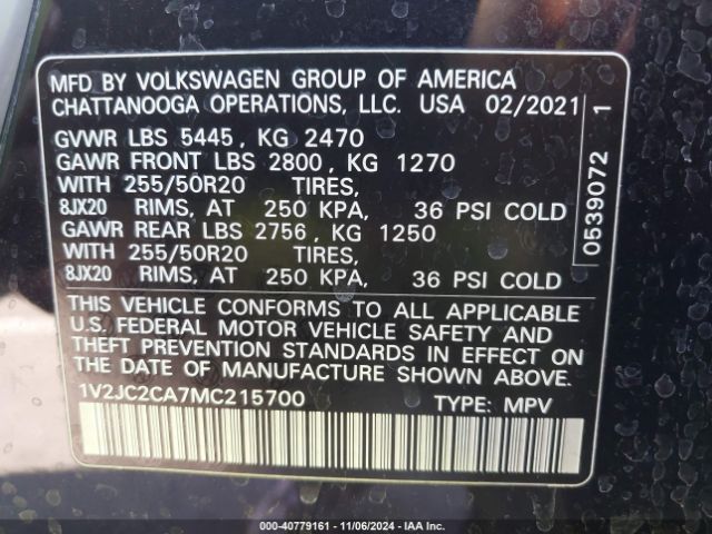 1V2JC2CA7MC215700 Volkswagen Atlas Cross Sport 2.0t Se W/technology