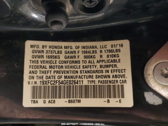 Honda Civic Lx 2016 19XFC2F54GE026411 Image 9