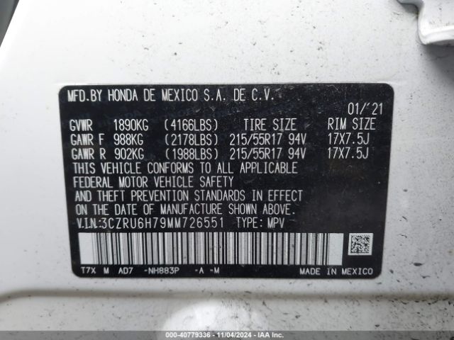 3CZRU6H79MM726551 Honda Hr-v Awd Ex-l